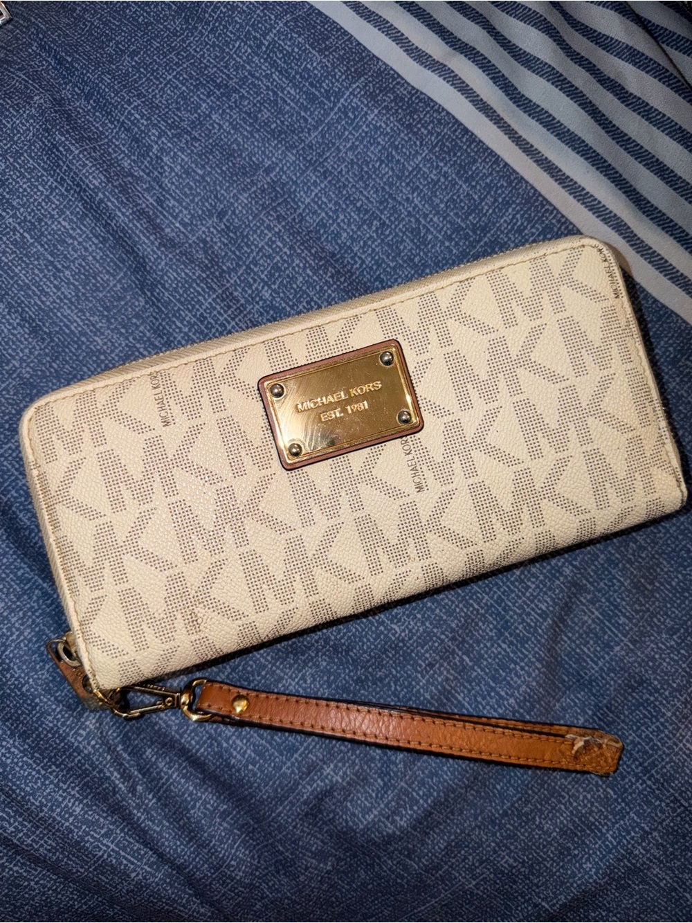 Michael Kors Cream Monogram Zip-Around Wristlet Wallet with Brown Strap